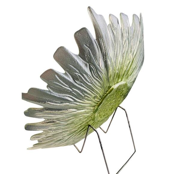 17” Green Sunflower Platter Hand Blown Art Glass Large Serving Tray Heavy Flower - Picture 9 of 12